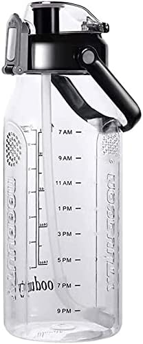 Motivational Half Gallon/64oz Water Bottle with Straw & Time Marker& Handle, Leak-Proof Tritan Water Jug for Fitness,Outdoor, Sport (Black)