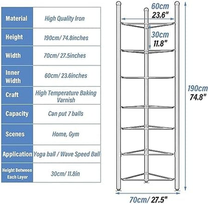Half Balance Ball Trainer Holder - 3/5/6/7 Tier Fitness Rack for Home Gym, Yoga Balls, Basketball & Bowling Equipment Storage, Corner Organizer for Workout Essentials