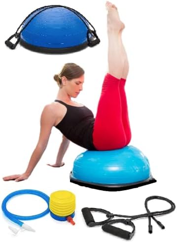 Half Ball Balance Trainer Stability Ball for Full Body Workout, Half Exercise Ball, Yoga Balance Ball Fitness Platform, Half Yoga Ball Balance Trainer Core Strength Training w 2 Exercise Handles (Blue)