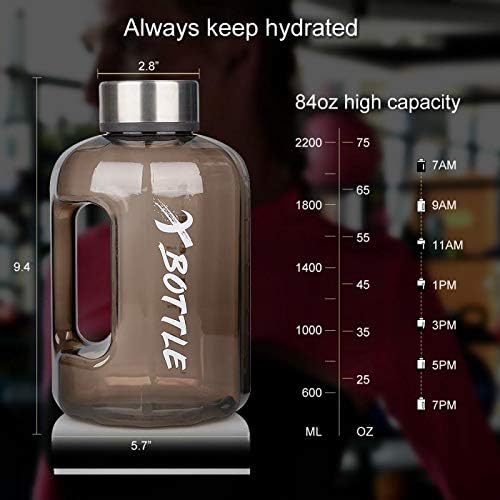 Half Gallon Water Bottle with Infuser, BPA Free 84oz Large Water Bottle Dishwasher Safe Hydration with Motivational Time Mark Leak-Proof 2.5L Sports Water Bottle for Camping Sports Workouts(Black)