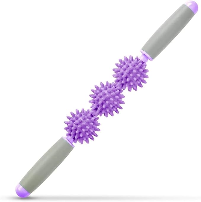 Fascia Muscle Roller, Cellulite Massager for Sore Muscles, Neck, Leg, Back, Pressure Trigger Point Body Deep Tissue Massage Stick Tools, 3 Massage Balls, Purple