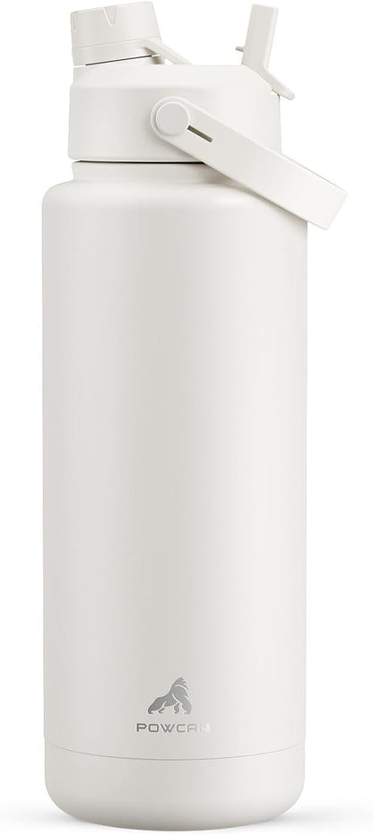 POWCAN 40 oz Insulated Water Bottle with 2-in-1 Straw and Spout Lid, Keep Cold 24H, Leak-Proof, BPA-Free, Double Wall Stainless Steel Water Bottle for Sports, Gym, Travel, and School (Ivory)