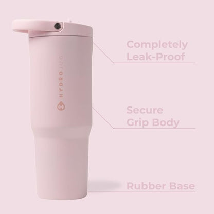 HydroJug Sport - Stainless Steel Tumbler with Straw, Vacuum Insulated, 32oz Leakproof Water Bottle, Ergonomic Design, Reusable, Dishwasher Safe, Rubber Base, Durable for Gym or Outdoors, Pink Sand