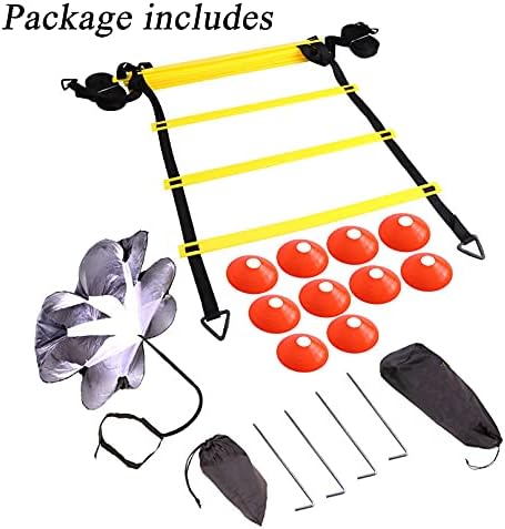 Resistance Parachute Agility Ladder Speed Training Set, 20 Feet Adjustable, 12 Lang Exercise Ladder/Running Parachute/4 Hooks and 10 Disc Cones for Personal Training