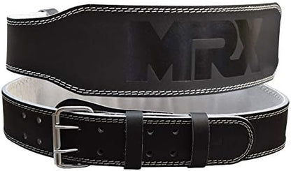 MRX Weight Lifting Belt Genuine Leather - 4 Inches Wide 8mm Thick Padded Lumbar Back Support Double Prong Powerlifting Belts Heavy Duty Deadlifts Workout Squats & Exercise Belt for Men & Women