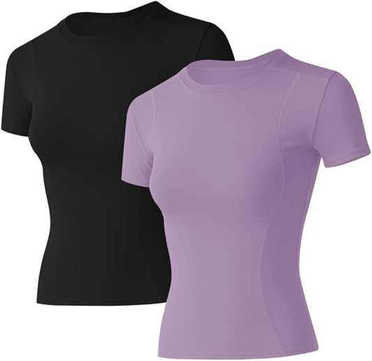 Loovoo Women Workout Shirts 1/2/3 Pack Athletic Compression Tee Dry Fit Yoga Gym Basic Tops