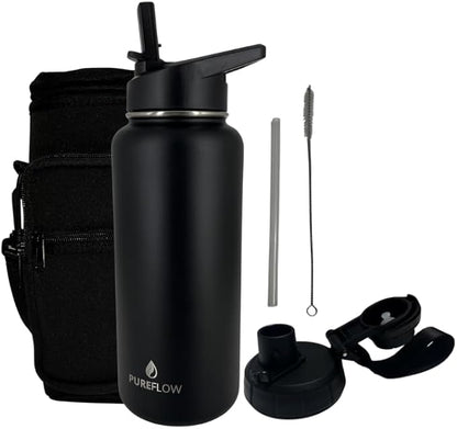 32oz Insulated Stainless Steel Water Bottle With 2 Leakproof Lids, Carrying Pouch, Double Wall Vacuum, BPA Free, Wide Mouth, Ideal for Gym, Fitness, Sports, Travel & Outdoors