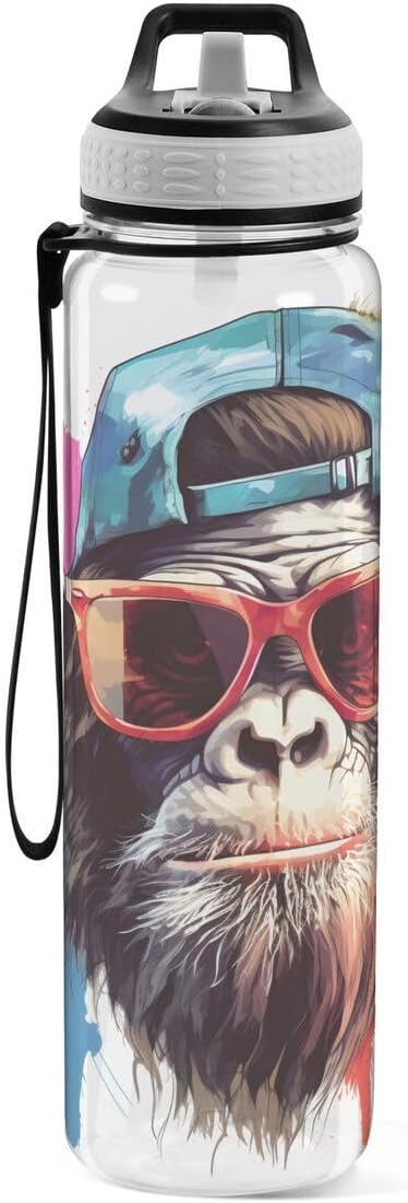 ALAZA Cool Monkey Sports Water Bottle with Straw Tritan Drink Bottle 32 oz BPA Free Reusable for Travel Outdoor Fitness