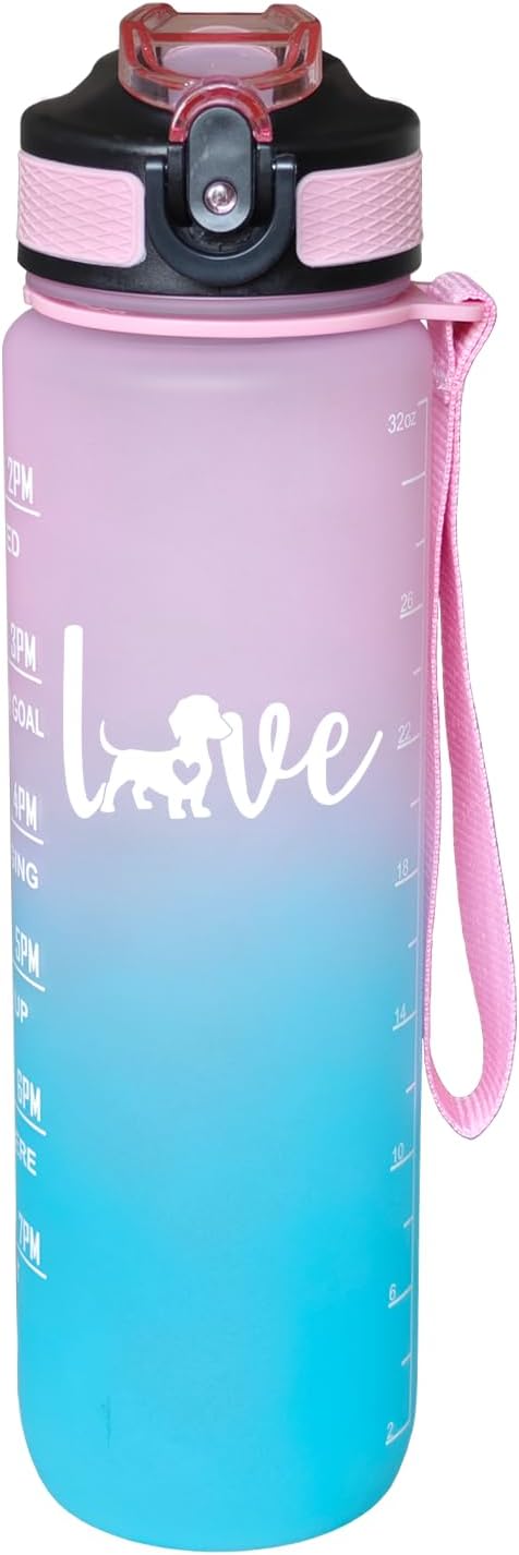 Love Dachshund Dog Water Bottle 32 Oz for Dog Lover – Leakproof BPA Free Sport Water Bottle with Straw & Carry Strap, Motivational Time Marker for Gym, Fitness, Outdoor, Travel, Office