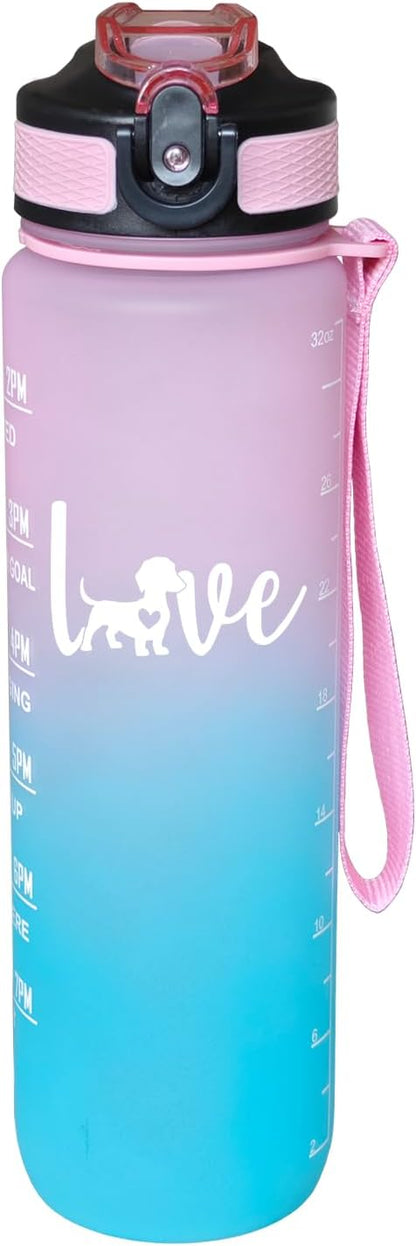 Love Dachshund Dog Water Bottle 32 Oz for Dog Lover – Leakproof BPA Free Sport Water Bottle with Straw & Carry Strap, Motivational Time Marker for Gym, Fitness, Outdoor, Travel, Office