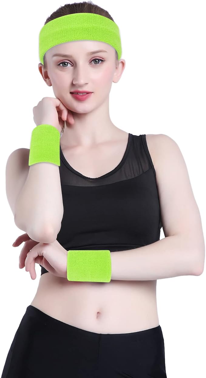 ONUPGO Sweatband Set Sports Headband Wristband Set Sweatbands Terry Cloth Wristband Wrist Sweatband Headbands Moisture Wicking Sweat Absorbing Head Band