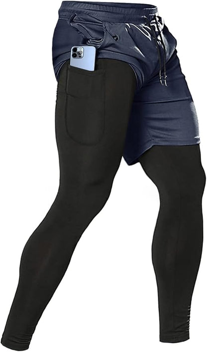Aolesy Men's 2 in 1 Running Pants, Gym Workout Compression Pants for Men Training Athletic
