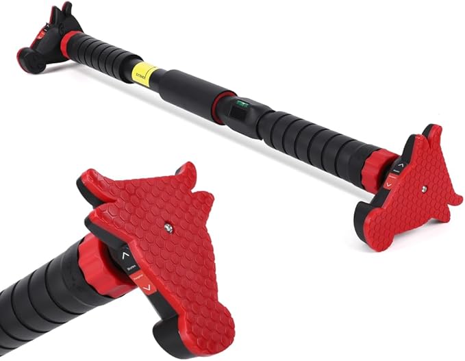 Pull Up Bar for Doorway, 440LBS Heavy Duty Strength Training Chin Up Bar with Bubble Level Meter and Adjustable Width 27.2" - 42" No Screws for Home Gym Upper Body Workout Black Red