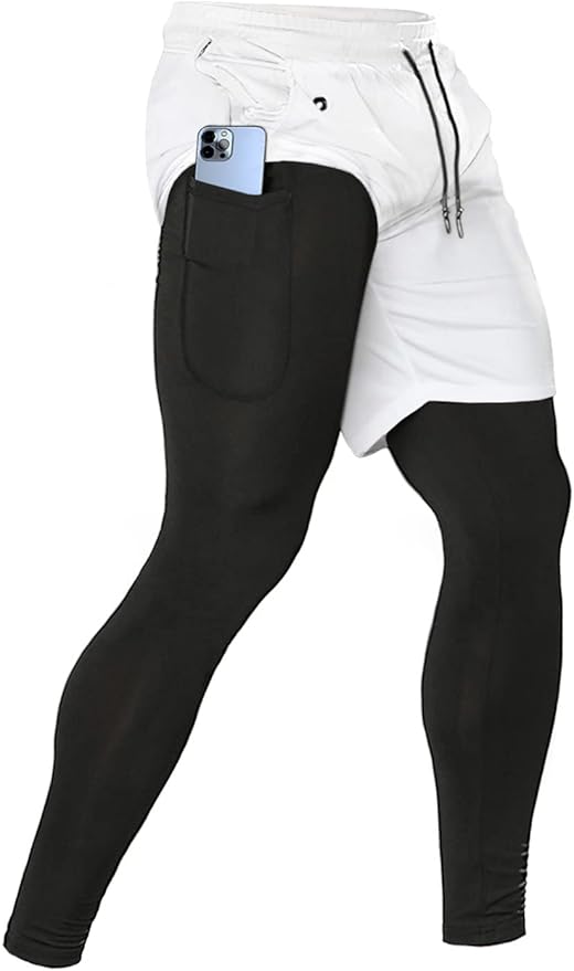 Aolesy Men's 2 in 1 Running Pants, Gym Workout Compression Pants for Men Training Athletic