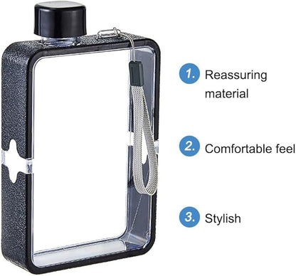 MiOYOOW Square Flat Water Bottle, Portable Transparent Sports Water Cup Reusable Memo Paper Bottles for Outdoor Travel Fitness Gym