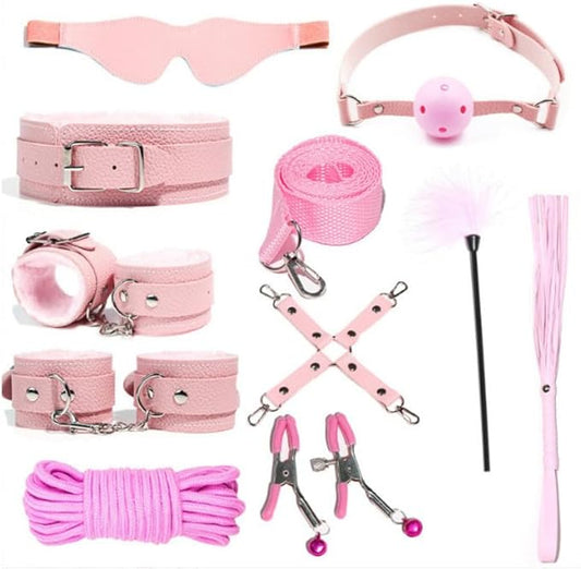 10-Piece Leather Couples Home Gym Set: Complete Partner Yoga, Pilates & Fitness Training Kit for A Full-Body Couples Workout (Pink)