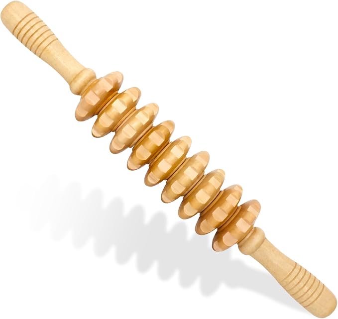 Wooden Fascia Massage Roller – Handheld Myofascial Release Massage Stick with Trigger-Point Knobs for Deep Tissue, Cellulite, Muscle Recovery & Circulation, Lymphatic Drainage Massager