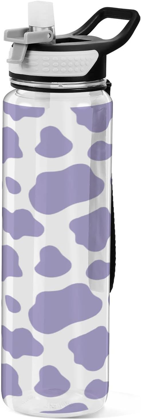 Fustylead Purple Cow Print Tritan Water Bottle with Straw and Lids, 32 oz Reusable BPA Free Sport Water Bottle for Gym Camping Hiking Travel