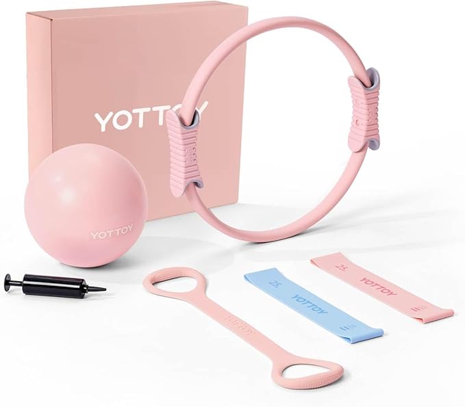 YOTTOY Pilates Ring and Ball Set, Figure 8 Resistance Bands, Stretch Bands&Guide,Pilates Equipment Set for Beginners for Home Workouts Core Strength, Yoga, Physical Therapy & Rehab