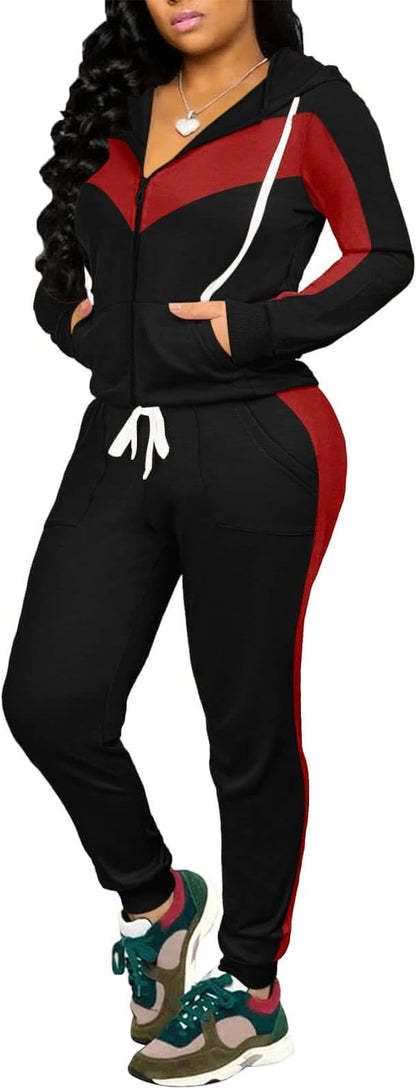 CLOCOR Track Suits for Women Set - Casual 2 Piece Outfits Sweatsuit Pocket Hoodies Long Sleeve with Patchwork Pants Set