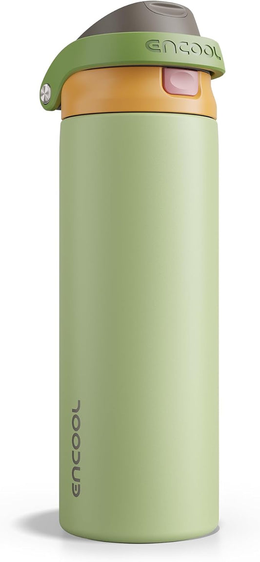 ENCOOL Leakproof Insulated Water Bottle with Straw Dual-Sip Water Bottle Bag-Safe Design for Work, Commute & Gym – Keeps Drinks Cold All Day, 24 oz, Sage Green