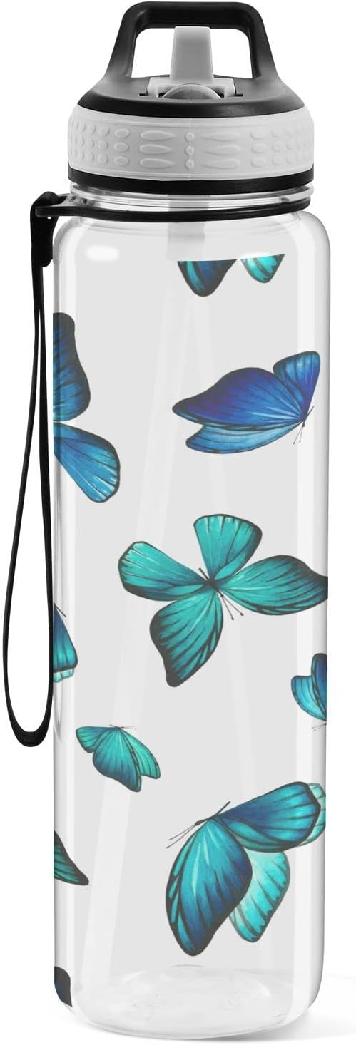 Watercolor Blue Butterfly Sport Water Bottle with Straw, Leakproof Tritan Bottle BPA Free Clear Water Bottle for Fitness Outdoor Gym Travel- 32 oz