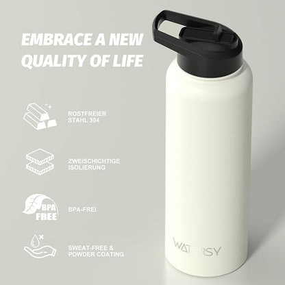 40oz Insulated Water Bottle (Cold for 48 Hrs),BPA Free&Leak Proof,Stainless Steel Water Flask,Water Jug with Straw Spout Lids for Gym,Hiking,Travel,White