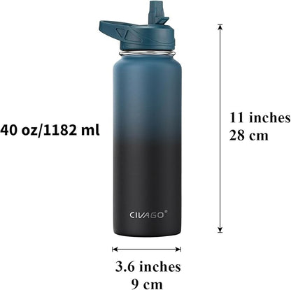 CIVAGO 40 oz Insulated Water Bottle With Straw, Stainless Steel Sports Water Cup Flask with 3 Lids (Straw, Spout and Handle Lid), Double Walled Travel Thermal Canteen Mug, Navy Blue