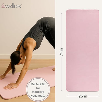 Wellrox Microfiber Yoga Mat Towel with Grip – Ultra Absorbent, Super Soft, and Quick Dry Hot Yoga Towel Non Slip for Pilates, Bikram, and Fitness Workouts (74” x 26”, Pink)