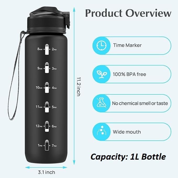 EYQ 32 oz Water Bottle with Time Marker, Carry Strap, Leak-Proof Tritan BPA-Free, Ensure You Drink Enough Water for Fitness, Gym, Camping, Outdoor Sports