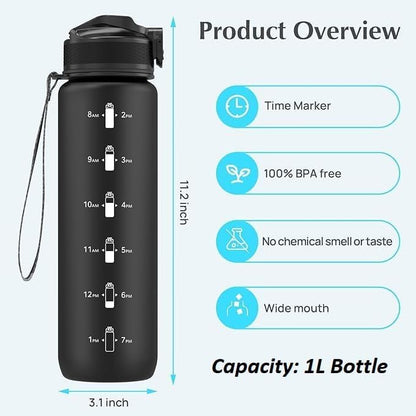 EYQ 32 oz Water Bottle with Time Marker, Carry Strap, Leak-Proof Tritan BPA-Free, Ensure You Drink Enough Water for Fitness, Gym, Camping, Outdoor Sports