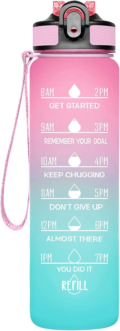 32 oz Motivational Water Bottle with Time Marker,Water Bottles with Times to Drink and Straw with Carrying Strap,Perfect For Fitness Gym Outdoor,BPA Free (Pink & Blue Gradient)