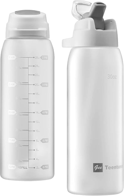 Straw Water Bottle BPA Free Tritan with Time Markers, 30oz Large Durable Gym Plastic Bottle for Fitness, Outdoor Enthusiasts, Leakproof (Pack of 1)