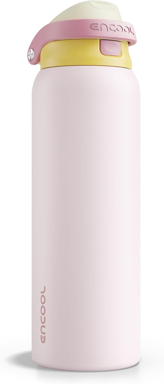 ENCOOL Leakproof Insulated Water Bottle with Straw Dual-Sip Water Bottle Bag-Safe Design for Work, Commute & Gym – Keeps Drinks Cold All Day, 40 oz, Blush Pink