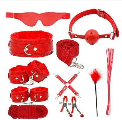 10-Piece Leather Couples Home Gym Set: Complete Partner Yoga, Pilates & Fitness Training Kit for A Full-Body Couples Workout (Red)