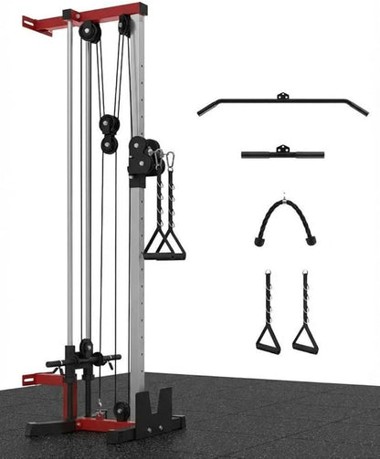 Wall Mount Cable Machine, Dual Pulley Cable Crossover & LAT Pulldown System for Home Gym with 19 Adjustable Positions, Tricep Rope, LAT Bar & Footboard, Space-Saving Garage Fitness Equipment