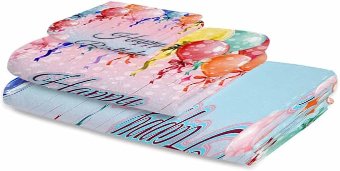 Happy Birthday Bath Towels Set of 3 for Bathroom,Soft Absorbent Shower Beach Hand Face Hair Yoga Workout Gym Towel Dish Wahcloth,Colorful Balloons Bow Gradient Modern Blue Quick Dry Bath Towels+Set