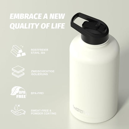 64oz Insulated Water Bottle (Cold for 48 Hrs),BPA Free&Leak Proof,Half Gallon Stainless Steel Water Flask,Water Jug with Straw Spout Lids for Gym,Hiking,Camping,White