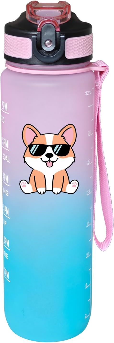 Cute Corgi Water Bottle 32 Oz – Leakproof BPA Free Sport Water Bottle with Straw & Carry Strap, Motivational Time Marker for Gym, Fitness, Outdoor, Travel, Office, Biking, Dog Lover
