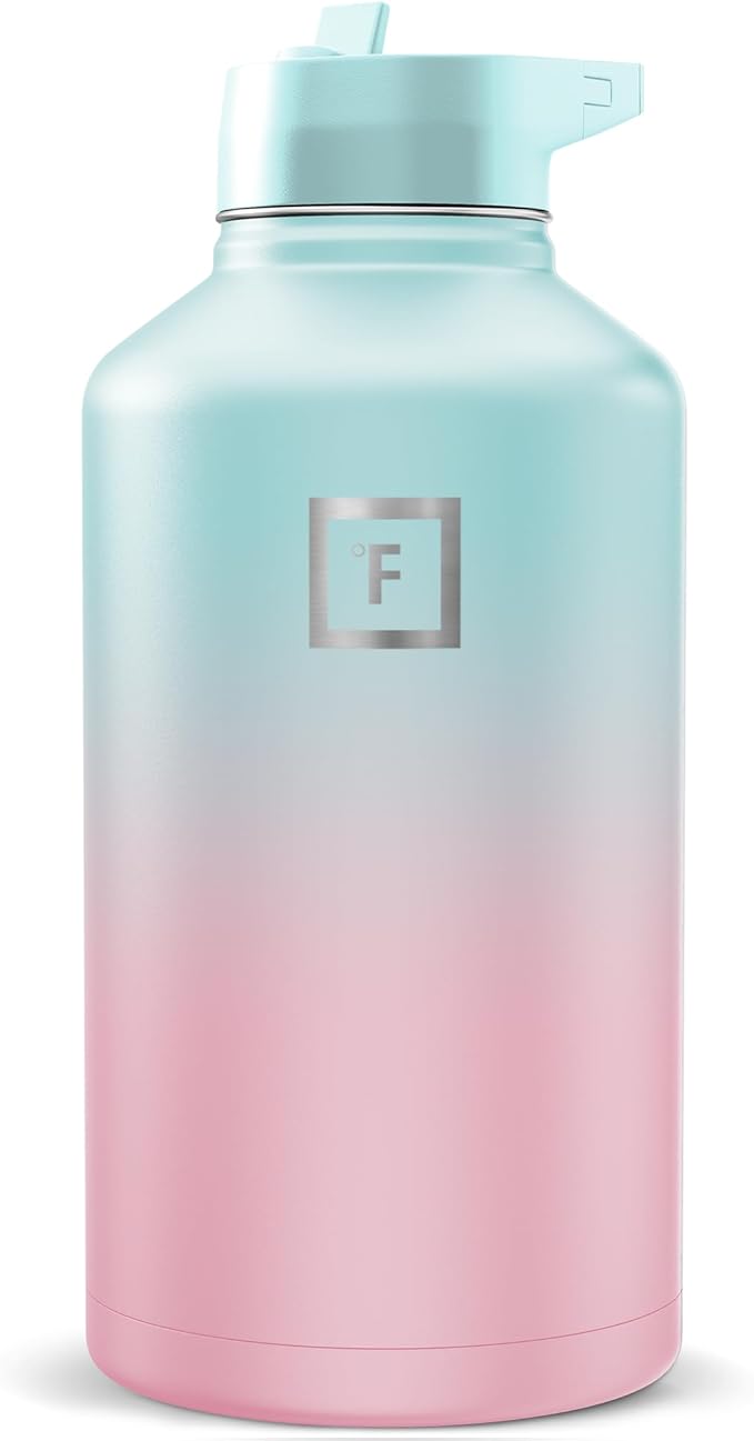 IRON °FLASK Camping & Hiking Hydration Flask with Straw, Wide Mouth Insulated Stainless Steel Sports Water Bottle - Bubble Gum 64 oz - Straw (1 Lid)