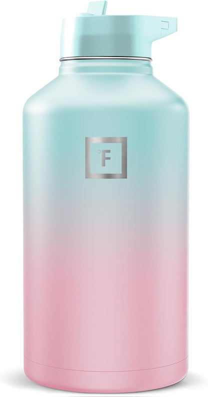 IRON °FLASK Camping & Hiking Hydration Flask with Straw, Wide Mouth Insulated Stainless Steel Sports Water Bottle - Bubble Gum 64 oz - Straw (1 Lid)