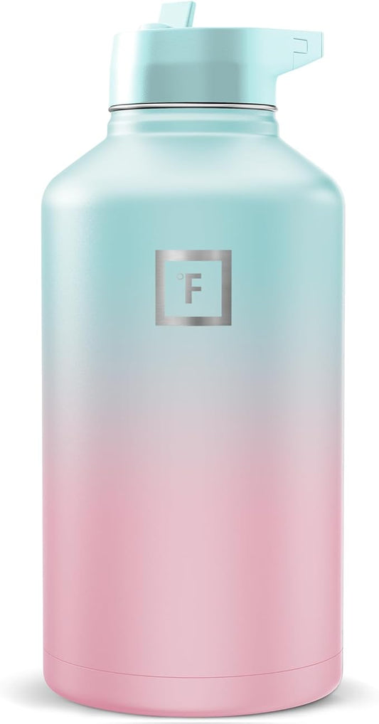 IRON °FLASK Camping & Hiking Hydration Flask with Straw, Wide Mouth Insulated Stainless Steel Sports Water Bottle - Bubble Gum 64 oz - Straw (1 Lid)