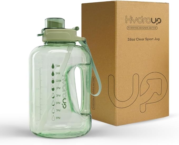 Sport Jug 58oz – Large Clear Plastic Water Jug with 2-in-1 Straw & Chug Lid, Motivational Time Markers, BPA-Free, Leakproof