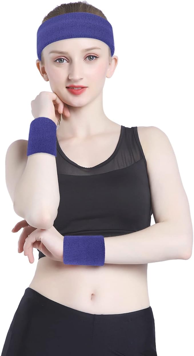 ONUPGO Sweatband Set Sports Headband Wristband Set Sweatbands Terry Cloth Wristband Wrist Sweatband Headbands Moisture Wicking Sweat Absorbing Head Band