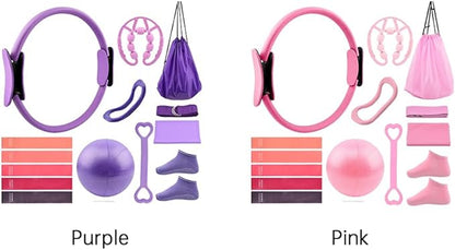 Pilates Essentials Kit for Women, 14 Pcs Home Workout Equipment with Pilates Circle Ball Ring Set Resistance Bands and Anti Slip Sock, Yoga Pilate Essentials Accessories
