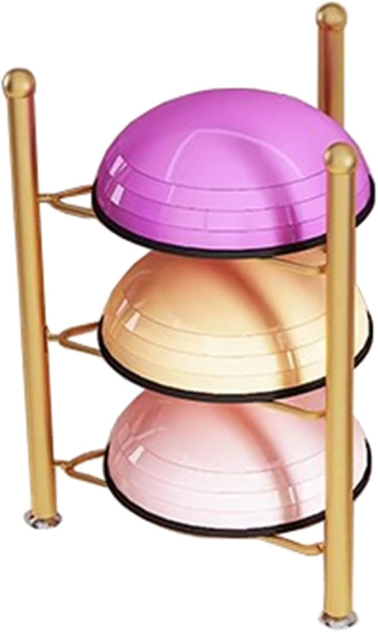 Balance Ball Half Rack 3/5/6/7 Tiers, Iron Half Exercise Balls Holder for Half Ball & Yoga Ball, Home Gym Studios Standing Half Ball Balance Trainer Shelf(Gold,3 Layer - 27.5in)