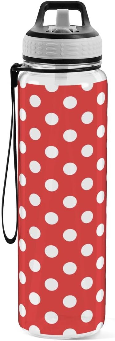 ALAZA Polka Dot Red White Sports Water Bottle with Straw Tritan Drink Bottle 32 oz BPA Free Reusable for Travel Outdoor Fitness