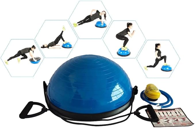 23 Inch Half Ball Balance Trainer for Full Body Workout with 2x Resistance Bands, Half Exercise Ball Half Yoga Ball Trainer Core Training Pilates Home Gym Fitness Equipment for Men and Women (Blue)