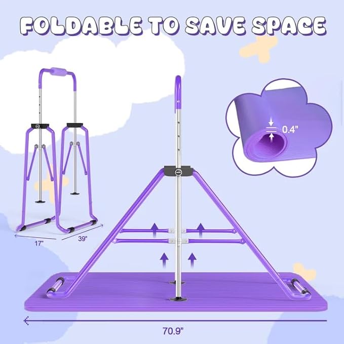 Safly Fun Foldable Gymnastics Bar for Kids, Adjustable 35"-51", Sturdy 145 lbs Capacity, Easy-to-Assemble, Gymnastics Equipment for Kids for Indoor/Outdoor Training