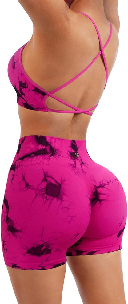 SUUKSESS Women Seamless Workout Sets Strappy Sports Bra High Waist Booty Shorts Outfits